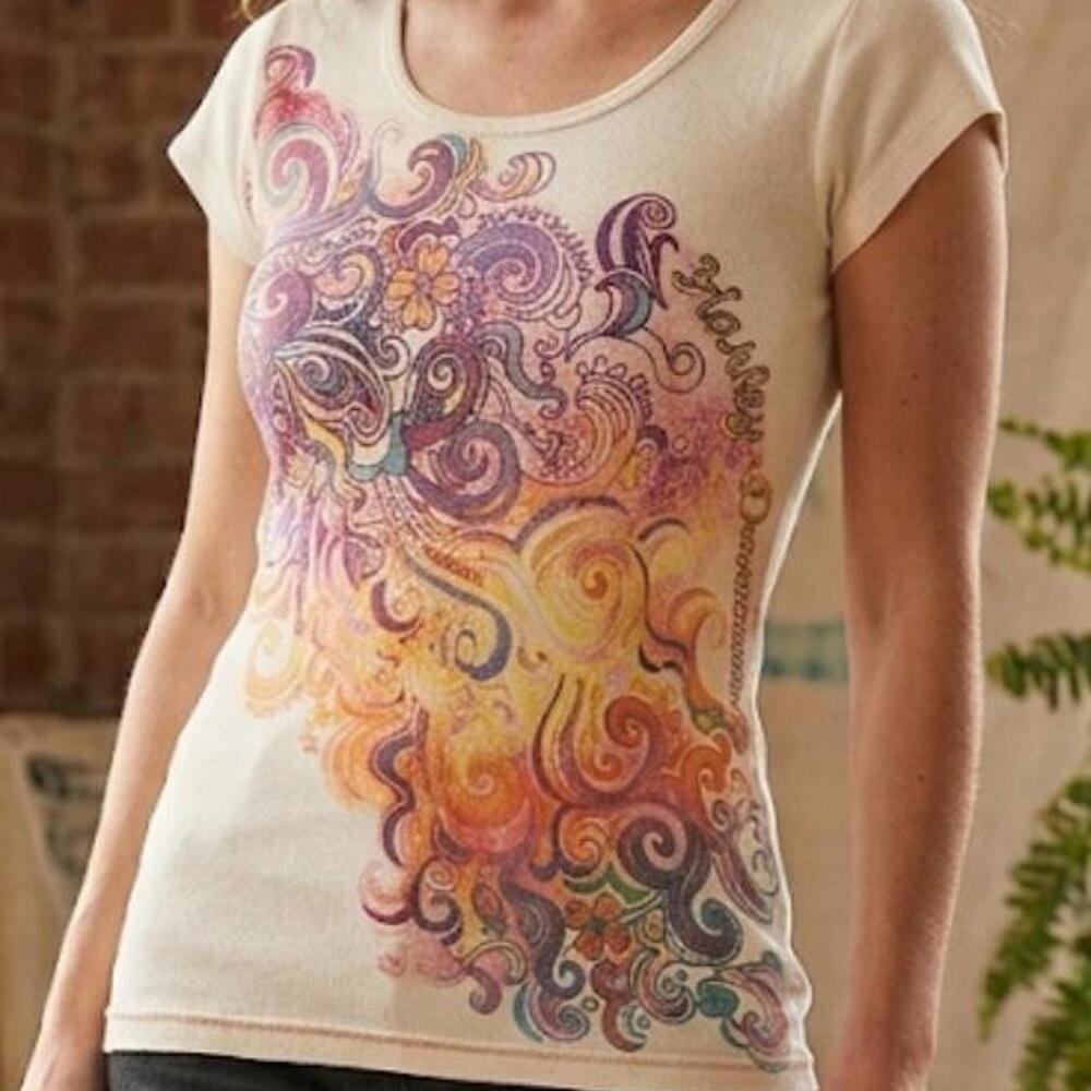 Vintage Harley Davidson Whimsigoth Psychedelic Graphic Tee Dress Cream SIZE M